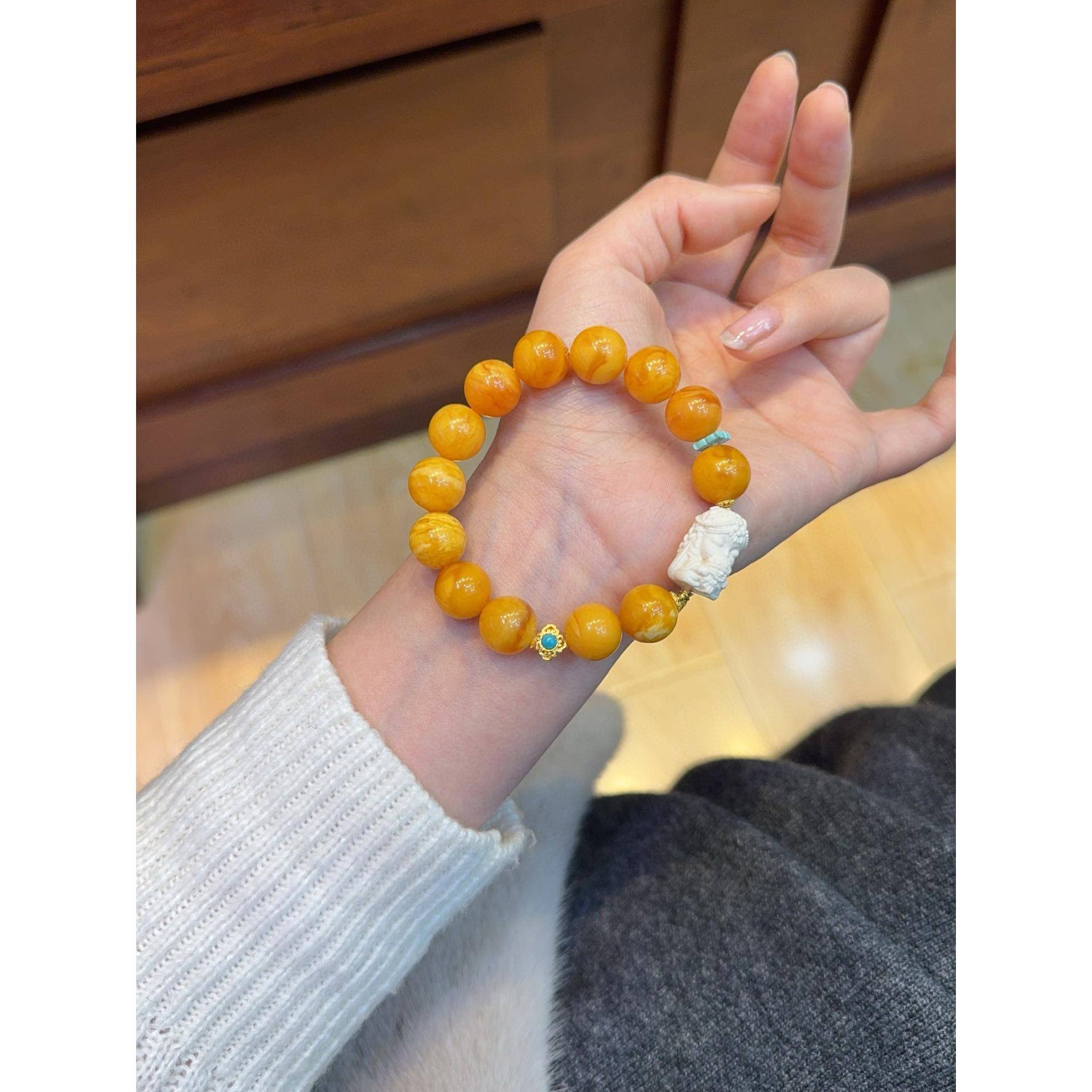 18k金配饰 天然俄料妖花老蜜蜡12.6mm单圈手链手串 颗粒饱满 qs0