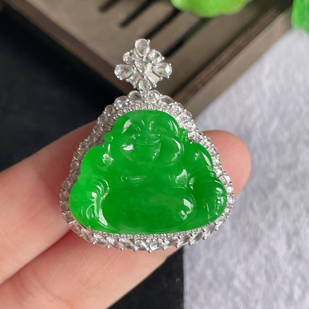 天然缅甸高端翡翠a货18k金满阳绿佛公吊坠xcbr