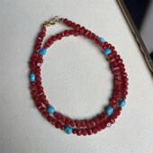 天然红珊瑚蓝松石吊坠项链4.5mm原色宝石阿卡沙丁牛血红科西嘉速