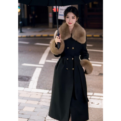 黑色赫本风中长款大衣女冬季新款高级感收腰显瘦外套