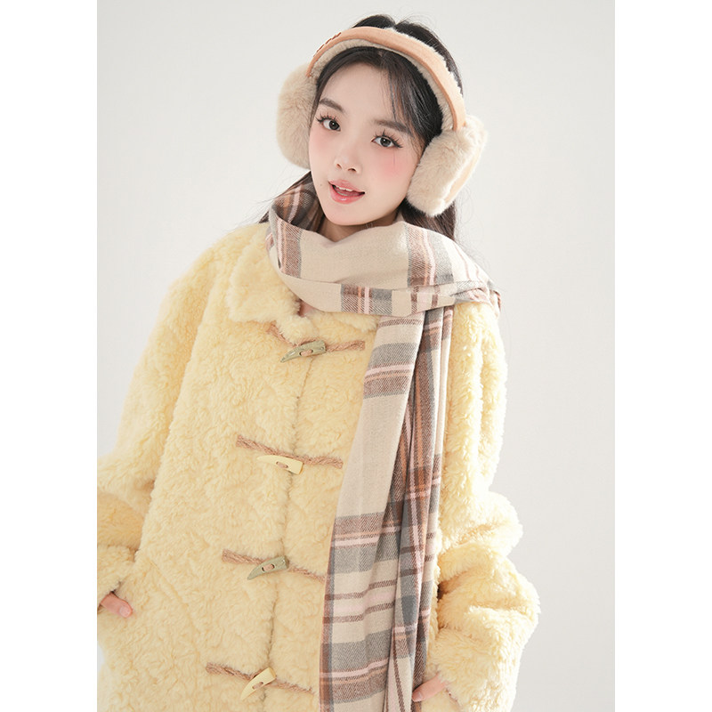 芒果舒芙蕾 韩系慵懒秋冬软糯撞色牛角扣毛毛外套女加厚毛绒大衣