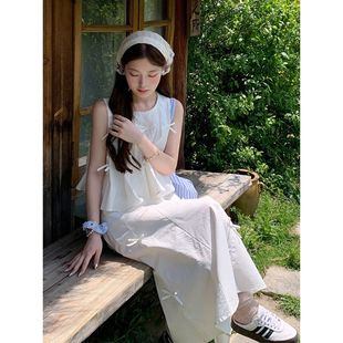 白色百褶蝴蝶结圆领上衣长裙套装 小清新休闲两件套 裙2024夏季 新款