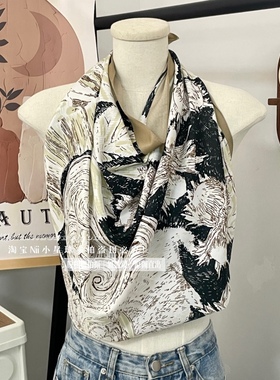 多种戴法：法式复古大方巾夏天海边沙滩抹胸丝巾拍照防晒网红头巾