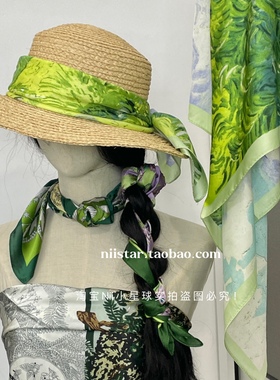 原创绿色法式丝巾小方巾女防晒头巾腰部装饰海边度假抹胸夏季薄款
