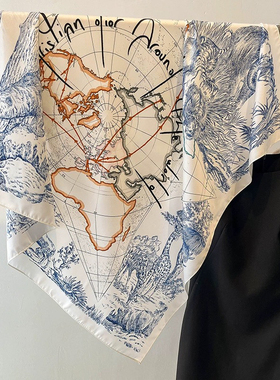 雅致黑白仿真丝90cm大方巾素描丛林女士防晒披肩夏季防晒海边丝巾