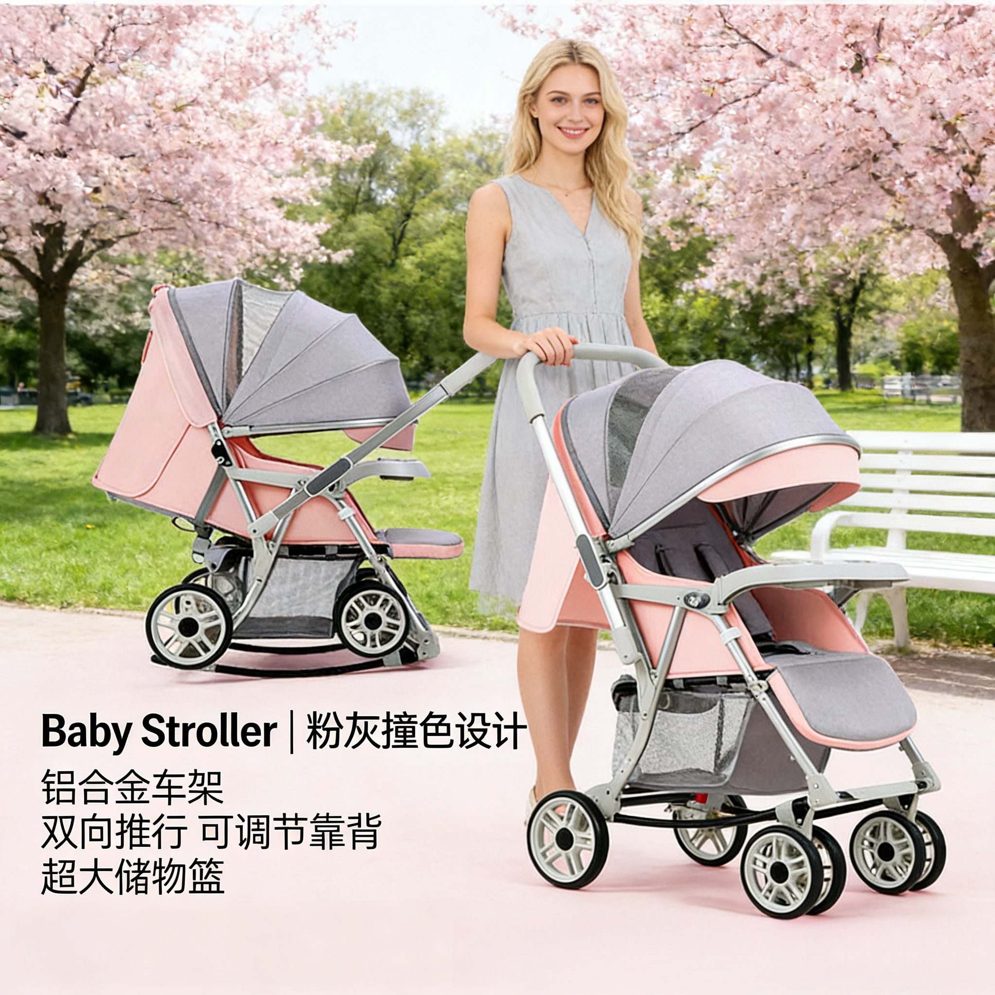 婴儿推车可坐躺多功能一键折叠双向轻便婴儿车可变摇椅