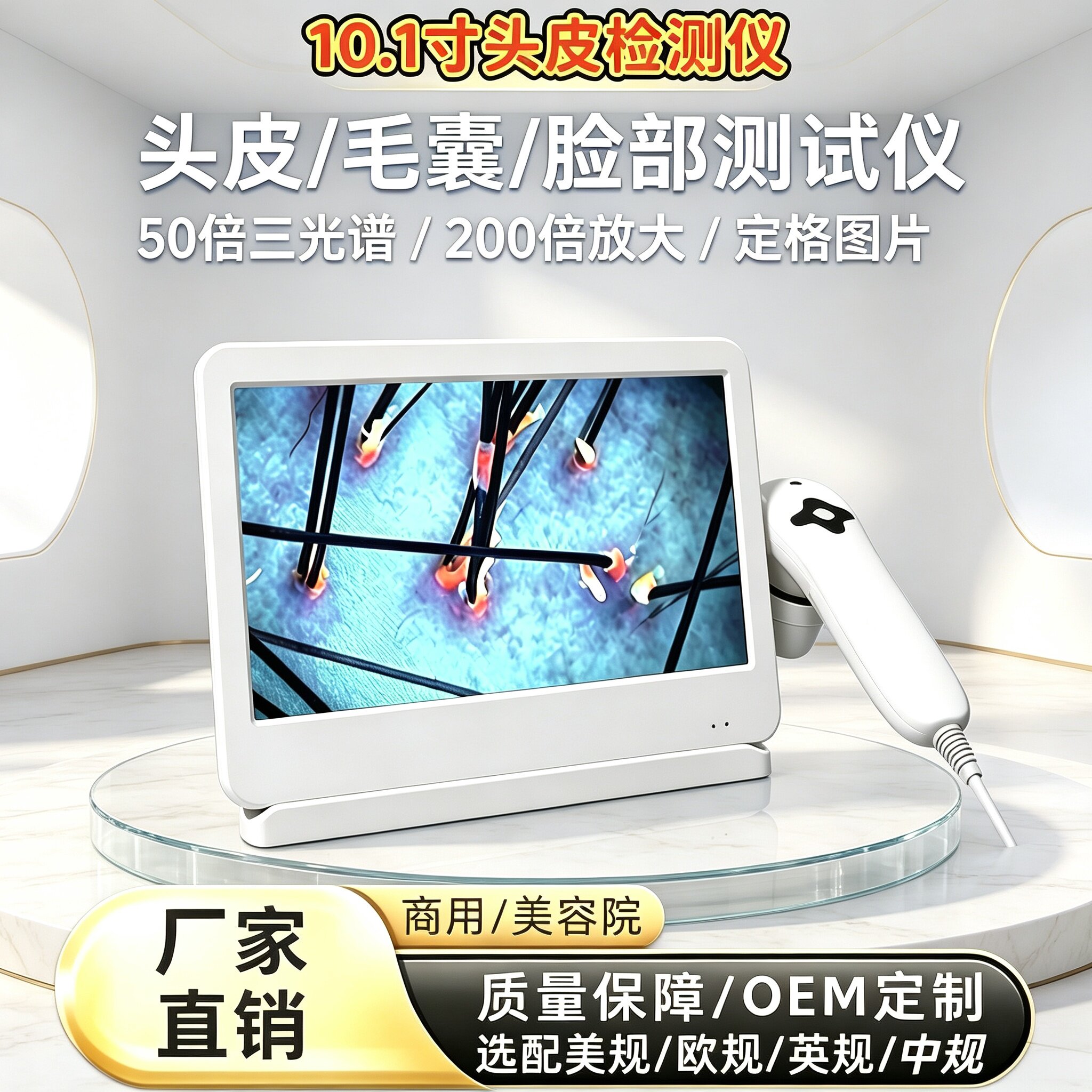 10.1寸头皮检测仪毛囊高清脸部测试仪器便捷式三光谱一体机理发店