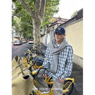 uniike油腻客 超显乖的秋季纯棉蓝色学院格子衬衫男女无性别长袖