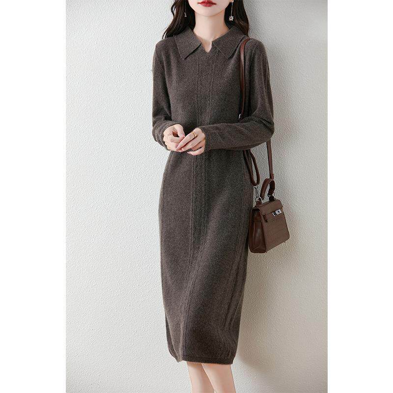翻领纯羊毛连衣裙女秋冬中长款过膝毛衣裙宽松显瘦针织羊绒直筒裙