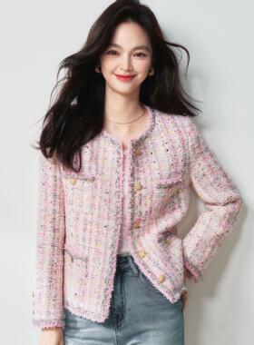 26春季高奢法式千金风浪漫粉羊毛花纱粗花呢小香风外套15993