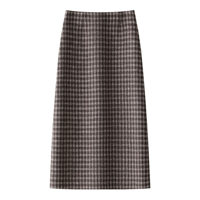 直筒裙新款咖色毛呢格半身裙