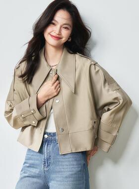 26春季新款美|洋同款短风衣斜纹皮革雅丹风翻领排扣短款夹克18409