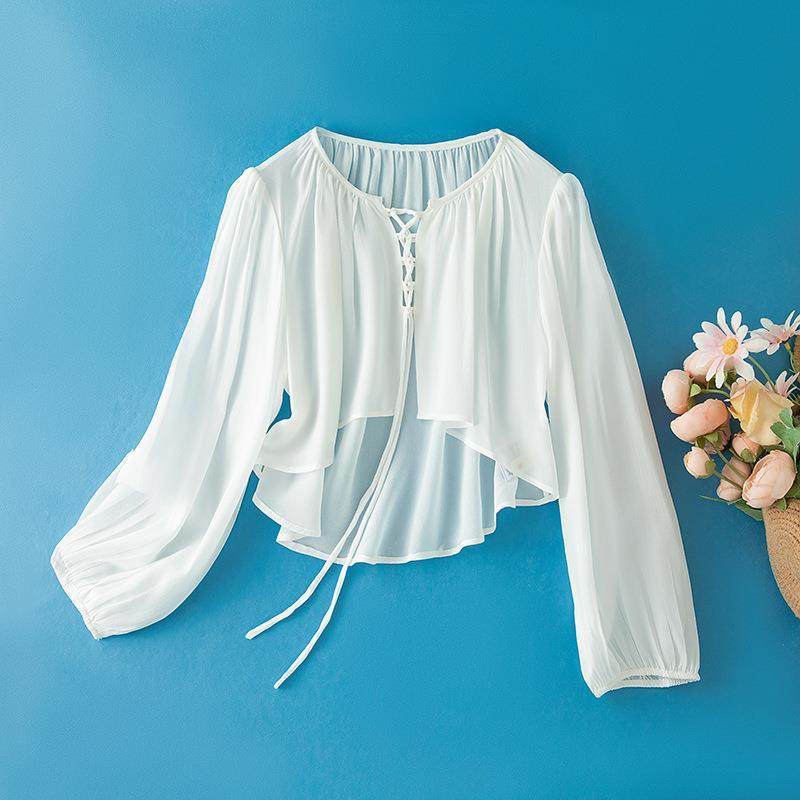 双绉！！！桑蚕丝长袖女装短款系带沙滩防晒衣飘逸真丝85101