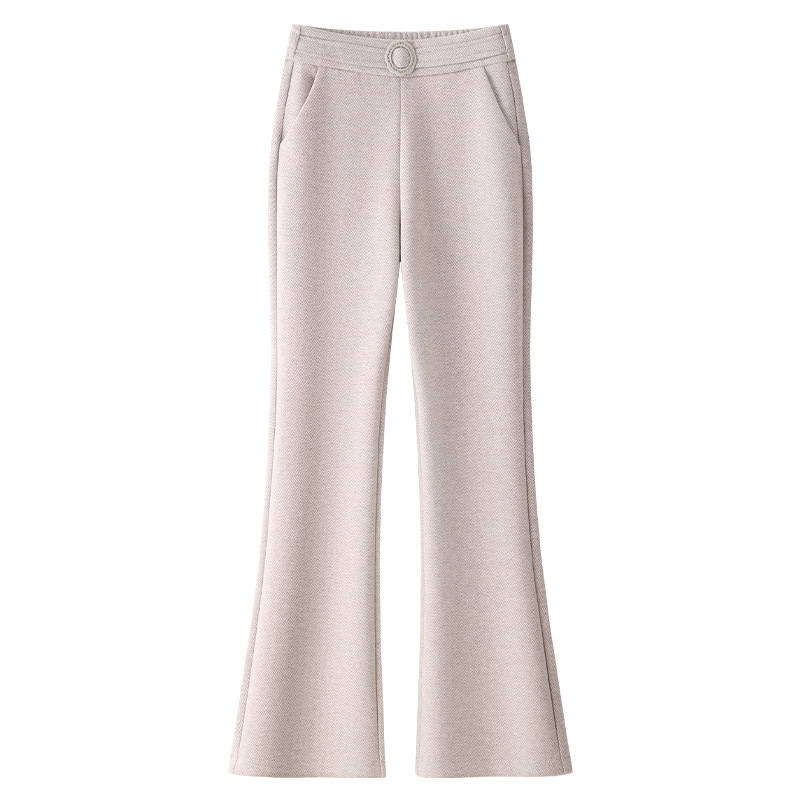 杏色微喇女秋冬高腰毛呢修身马蹄裤子冬季显瘦喇叭裤休闲裤口袋