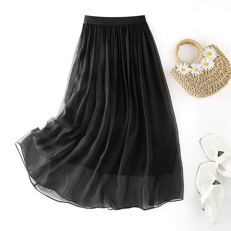 真丝黑色半身裙女春夏高腰显瘦a字垂感长裙桑蚕丝大摆裙81118