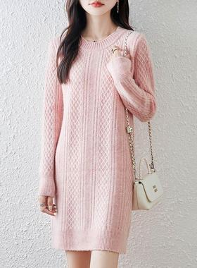 2025秋冬季新款重工绞花100%纯羊毛裙女中长款圆领套头加厚连衣裙