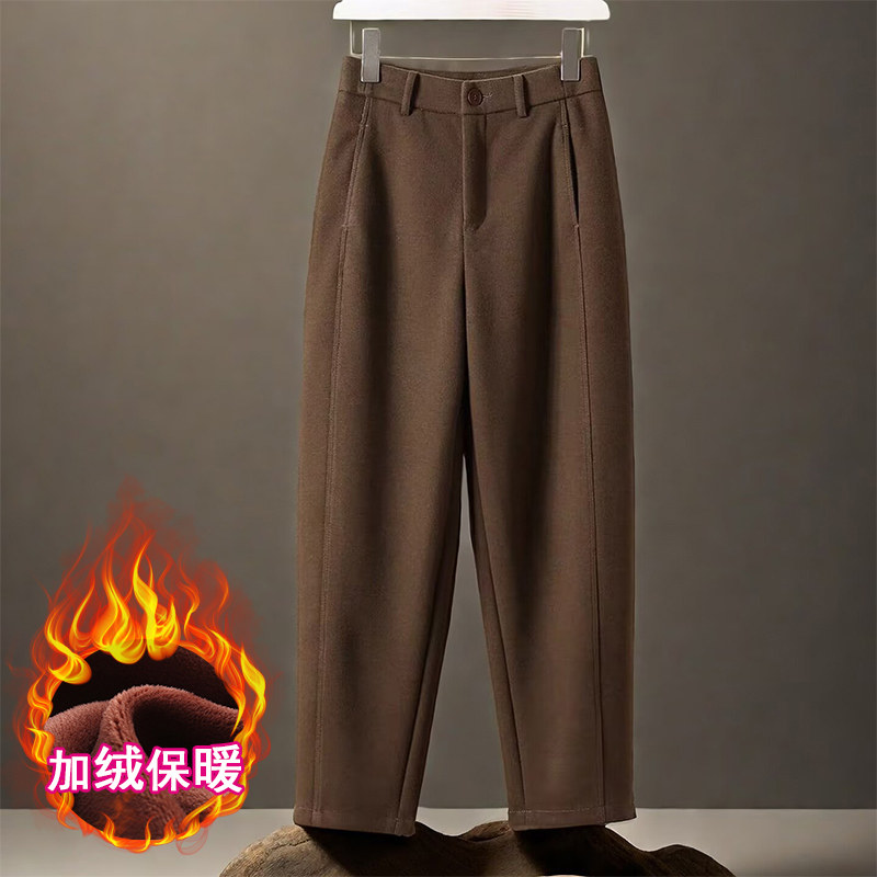 咖色加绒醋酸羊毛毛呢休闲哈伦裤保暖显瘦小个子女裤新款时尚气质