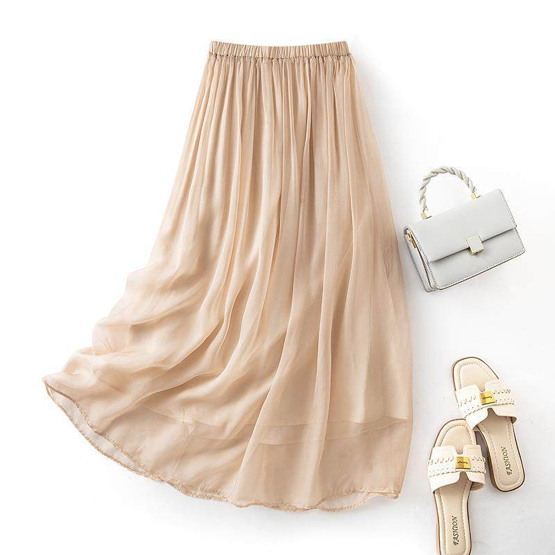 实拍松紧腰真丝半身裙女夏季新款中长款气质松紧腰纯色飘逸裙8506