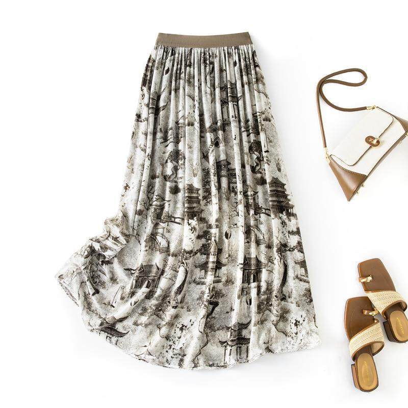 芭碧尔女装真丝半身裙海边度假时尚印花长裙子85127