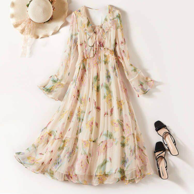 芭碧尔女装真丝连衣裙优质印花长袖桑蚕丝沙滩长裙85024