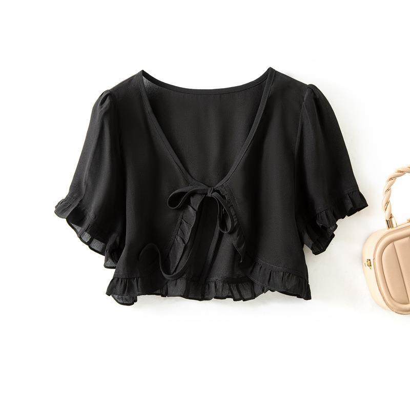 荷叶边真丝晒衣女夏季新款薄款坎肩短袖配吊带裙子披肩罩衫85149