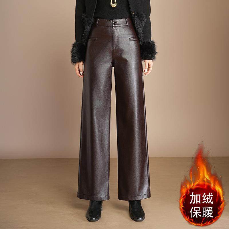 加绒皮裤女宽松阔腿裤2025秋冬新款高腰中年妈妈女裤休闲直筒裤子