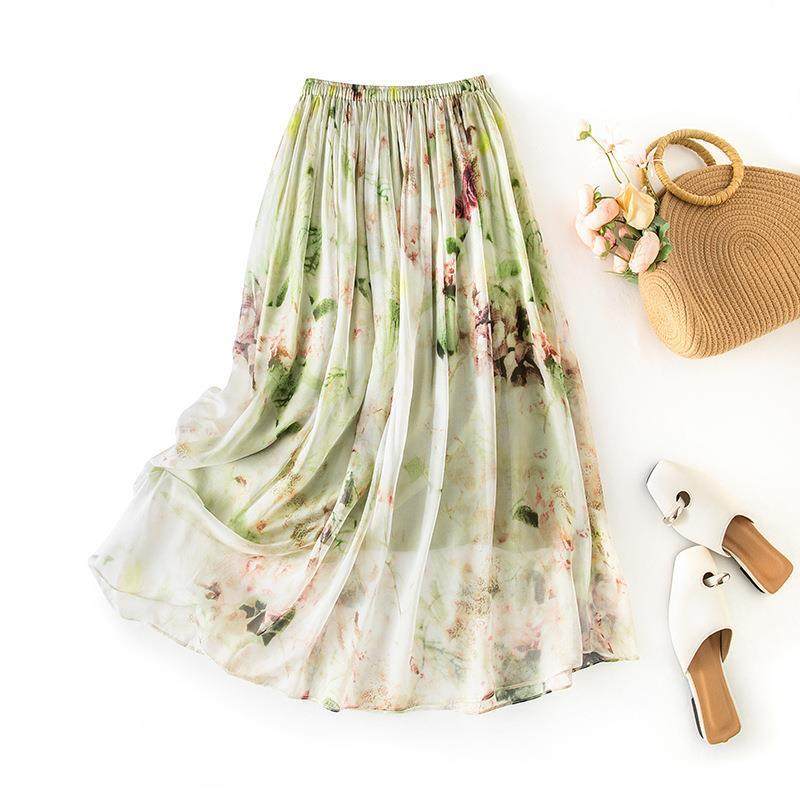 绿色印花半身裙女真丝花色今年流行薄款桑蚕丝沙滩裙85114