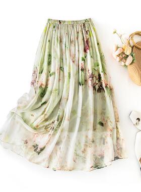 绿色印花半身裙女真丝花色今年流行薄款桑蚕丝沙滩裙85114