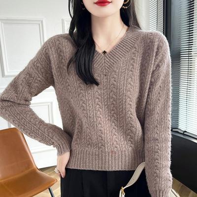 25秋冬纯羊毛衫女加厚短款V领毛衣高腰宽松内搭上衣羊绒针织打底