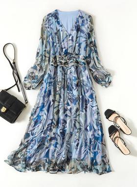 25年春季新款真丝连衣裙收腰显瘦优雅气质V领法式长裙桑蚕丝85006