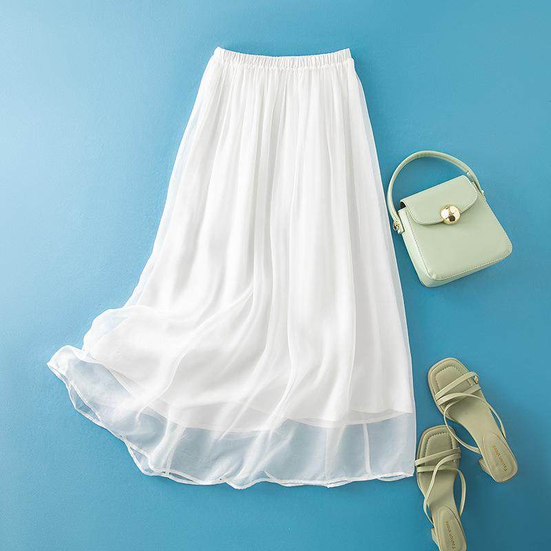 实拍A字真丝半身裙女夏季中长款气质松紧腰纯色飘逸裙85062