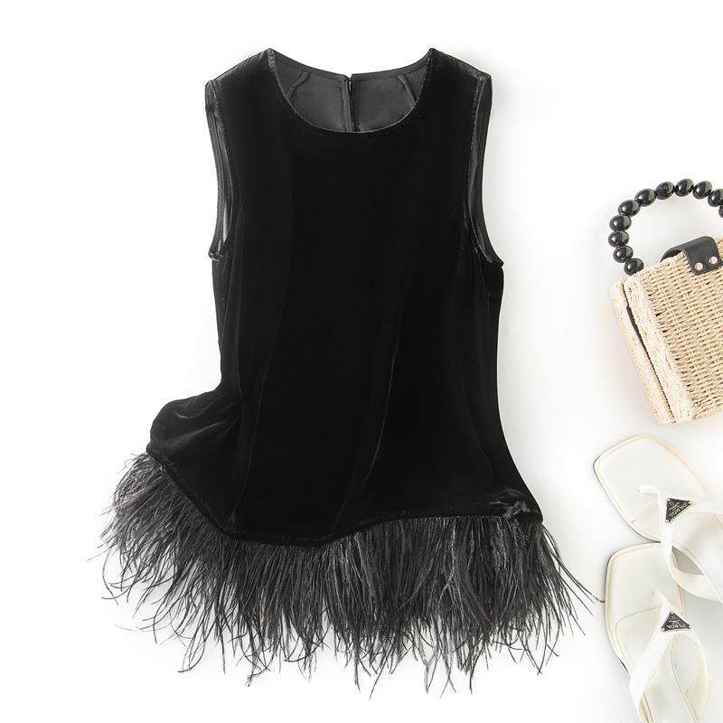 2026年新款背心女内搭下摆拼接羽毛修身无袖纯色短款丝绒真丝上衣