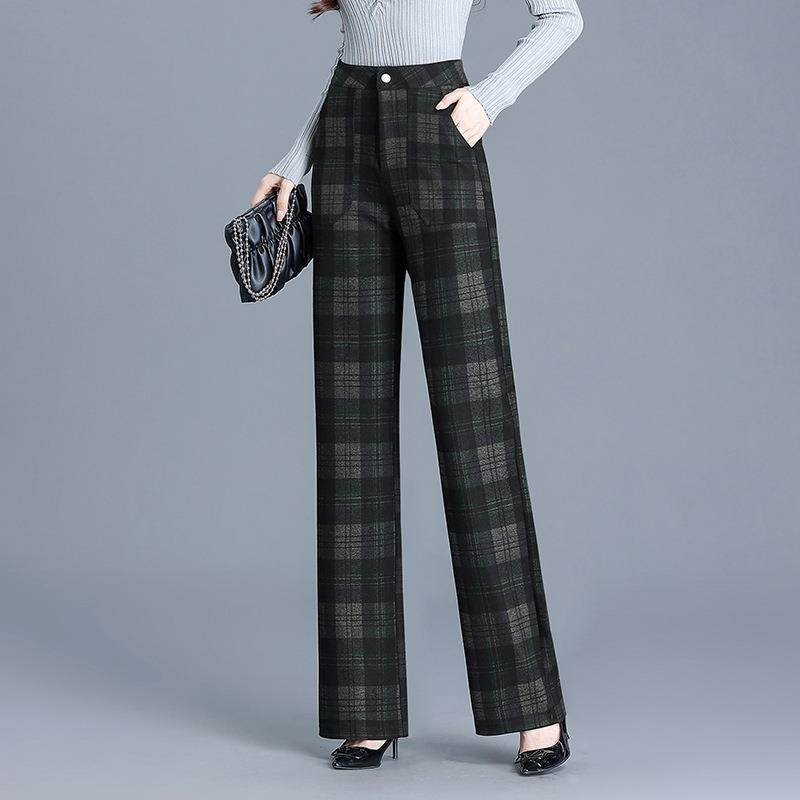 百搭毛呢格子阔腿裤女2024秋冬新款高腰垂坠感宽松直筒裤休闲裤子