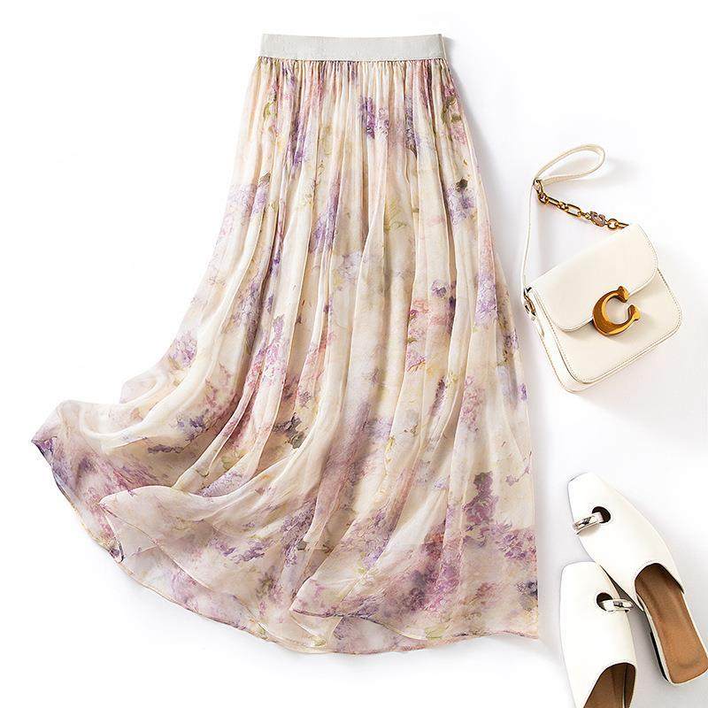真丝半身裙女春夏高腰显瘦a字垂感长裙桑蚕丝印花大摆裙85035
