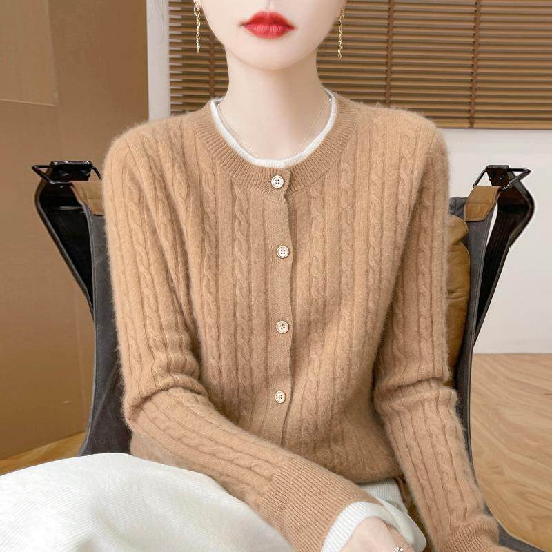 羊毛假两件开衫女圆领拼色针织扭花毛衣外套休闲百搭宽松羊绒上衣