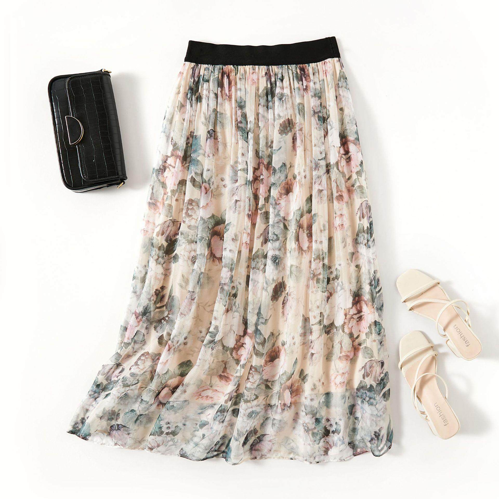 芭碧尔女装真丝半身裙海边度假时尚印花长裙子81135