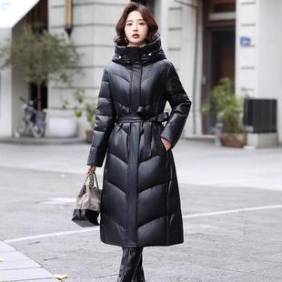 跨境冬季新款绵羊皮羽绒服女中长款连帽收腰显瘦加厚皮衣外套