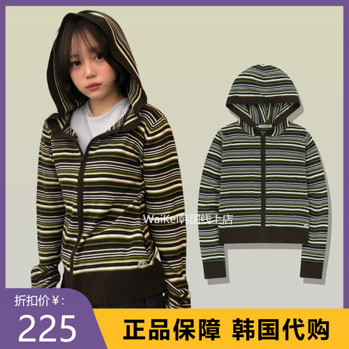 韩国潮牌coyseio毛针织衫外套女修身条纹连帽拉链开衫长袖吴允儿