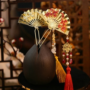 新中式 简约盘发古风旗袍新娘发簪古典风 手工花朵扇形步摇簪子新款