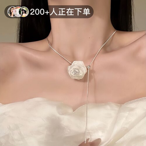 超仙网纱玫瑰花朵长项链可抽拉