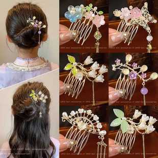 儿童新中式古风流苏发簪小女孩国风花朵发梳插梳女童发钗汉服头饰