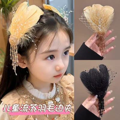 超仙羽毛流苏轻奢女侧边边夹