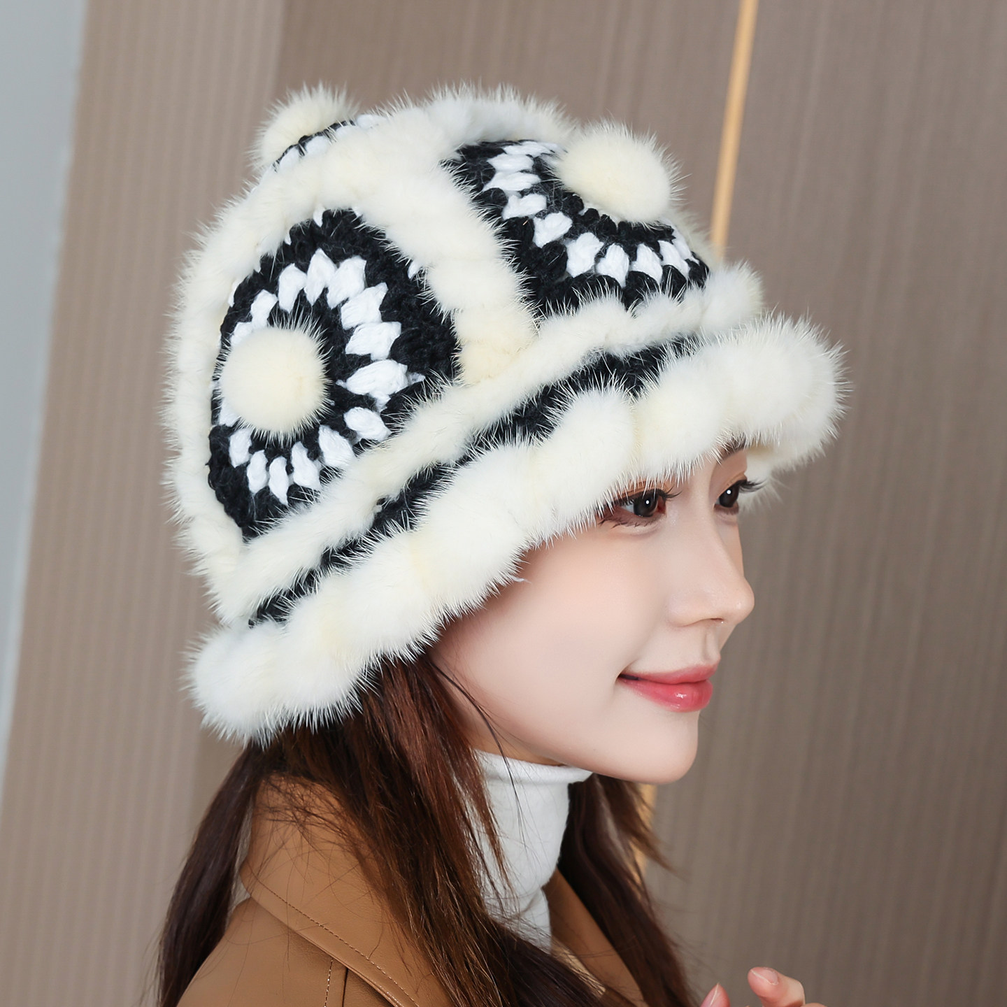 新品水貂毛帽子女冬季韩版保暖皮草醒狮帽毛线针织渔夫帽真毛球球