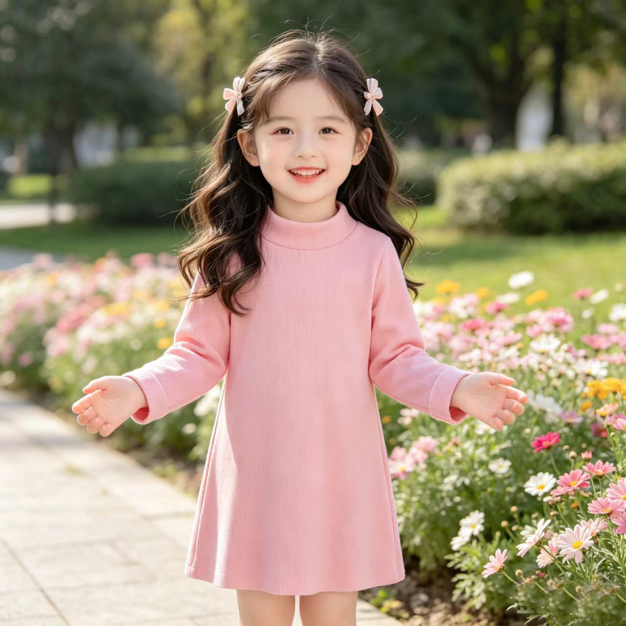 女童高领长袖连衣裙秋冬装2026新款中小女童中长款打底连衣裙裙子