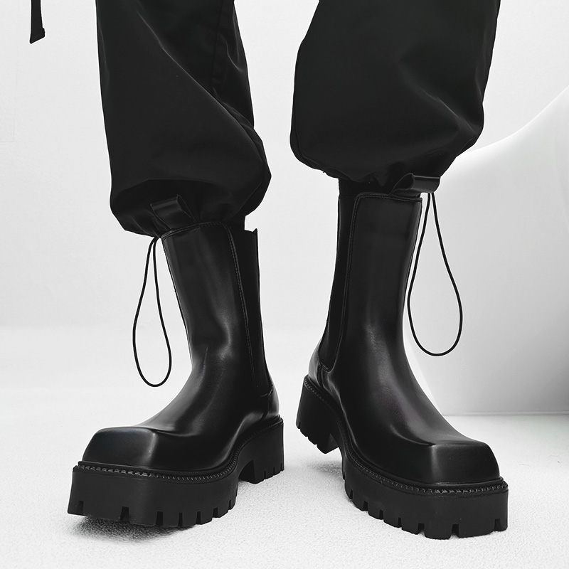 方头切尔西靴男款秋冬英伦黑色长筒真皮厚底机车马丁靴高帮烟筒靴