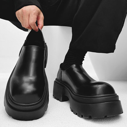 增高7cm大头德比鞋男英伦真皮厚底乐福鞋日系一脚蹬套脚圆头皮鞋