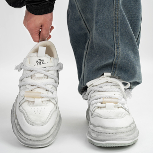 情侣休闲面包鞋 小众做旧厚底溶解鞋 男女款 白色7cm隐形内增高板鞋