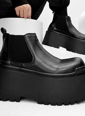 小众cos增高10CM马丁靴男松糕厚底切尔西短靴巴黎高帮大头德比鞋