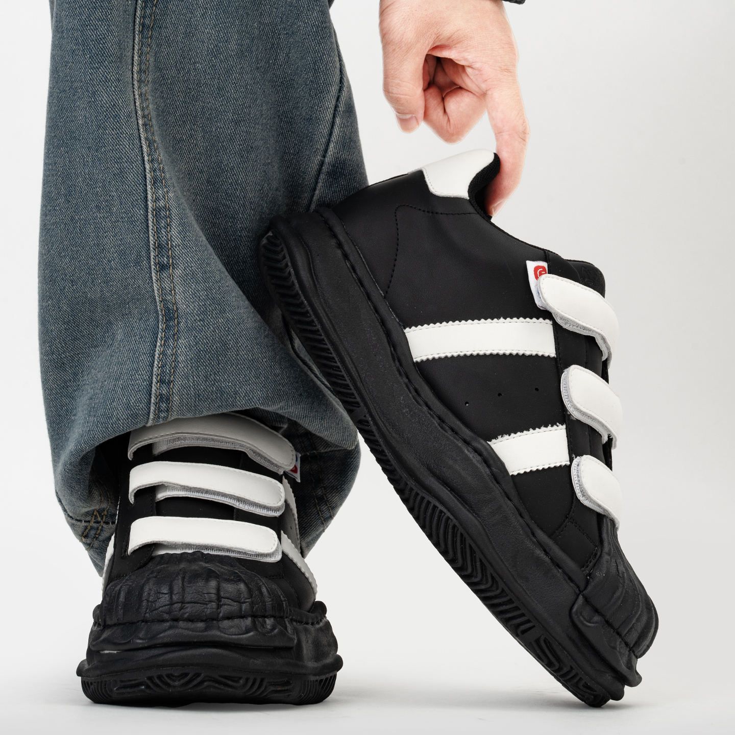 黑色魔术贴贝壳头板鞋男女7cm隐形增高德训鞋厚底溶解大头面包鞋