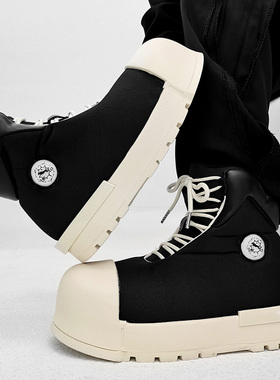 潮牌米奇大头高帮鞋男女小众黑色厚底丑萌板鞋情侣增高面包马丁靴